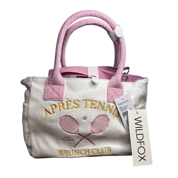 NWT Wildfox Pink Apres White Tennis Brunch Club Embroidered Terry Cloth Tote - Picture 1 of 7